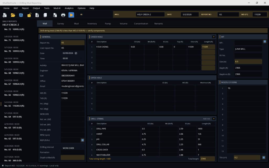 MudTechSuite application — daily mud reports, volume accounting, and hydraulics